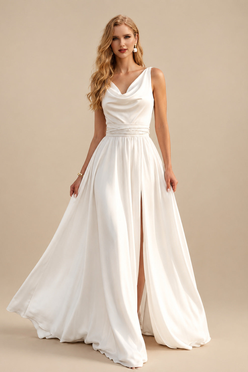 Rutipo Ivory A-Line Cowl Neck Sleeveless Sweep Train Stretch Satin Bride Wedding Dress With Pockets/Detachable Shawl