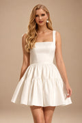 Rutipo Ivory A-Line Square Neckline Sleeveless Short/Mini Matte Satin Bride Wedding Dress