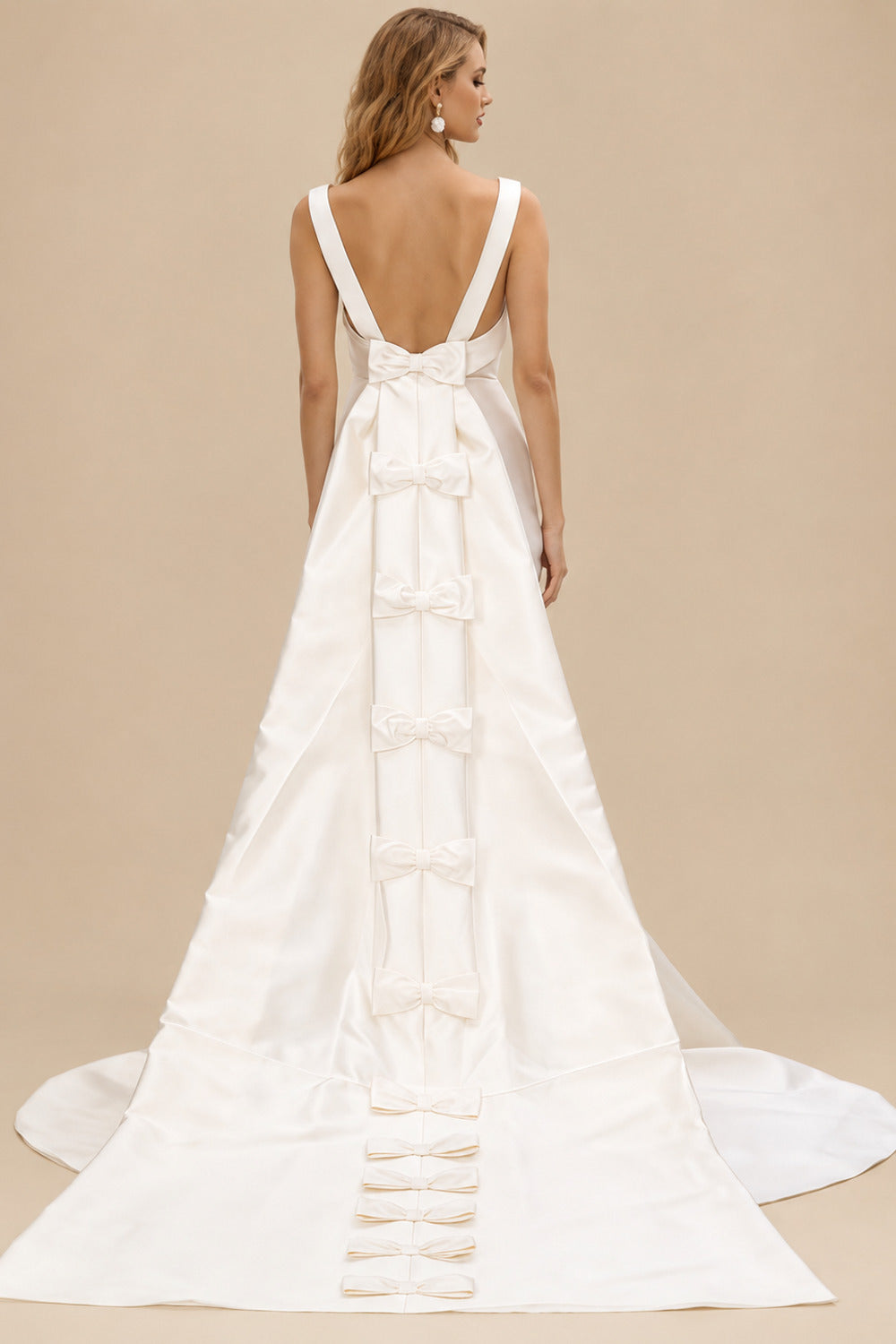 Rutipo Ivory Trumpet/Mermaid Scoop Neck Sleeveless Twill Satin Bride Wedding Dress With Detachable Bow Train