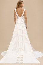 Rutipo Ivory Trumpet/Mermaid Scoop Neck Sleeveless Twill Satin Bride Wedding Dress With Detachable Bow Train
