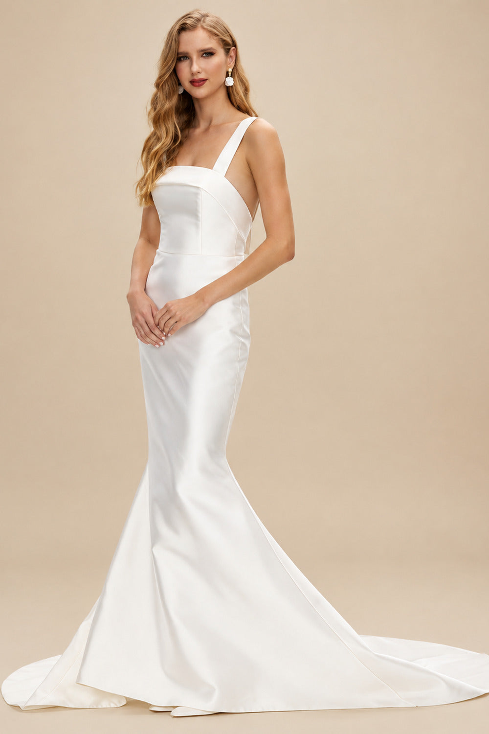 Rutipo Ivory Trumpet/Mermaid Scoop Neck Sleeveless Twill Satin Bride Wedding Dress With Detachable Bow Train