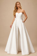 Rutipo Ivory Jumpsuit/Pantsuit Sweetheart Sleeveless Satin Bride Wedding Dress With Detachable Bow Train