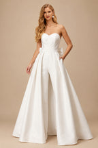 Rutipo Ivory Jumpsuit/Pantsuit Sweetheart Sleeveless Satin Bride Wedding Dress With Detachable Bow Train
