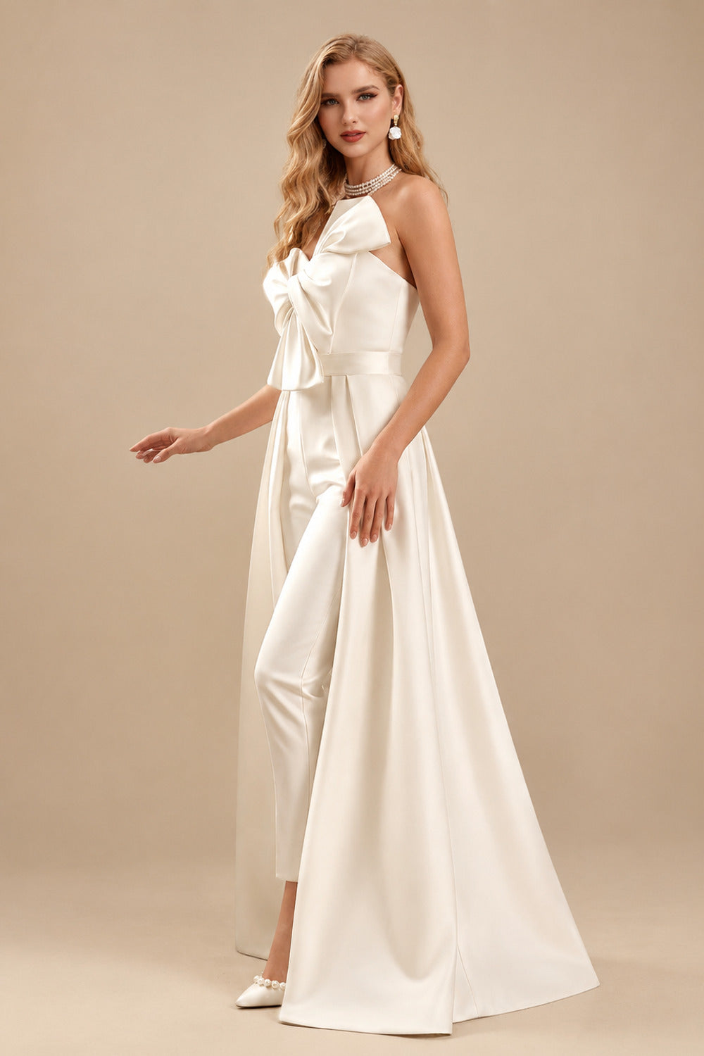 Rutipo Ivory Jumpsuit/Pantsuit Sweetheart Sleeveless Detachable Train Satin Bride Wedding Dress With Bow