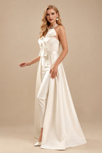 Rutipo Ivory Jumpsuit/Pantsuit Sweetheart Sleeveless Detachable Train Satin Bride Wedding Dress With Bow