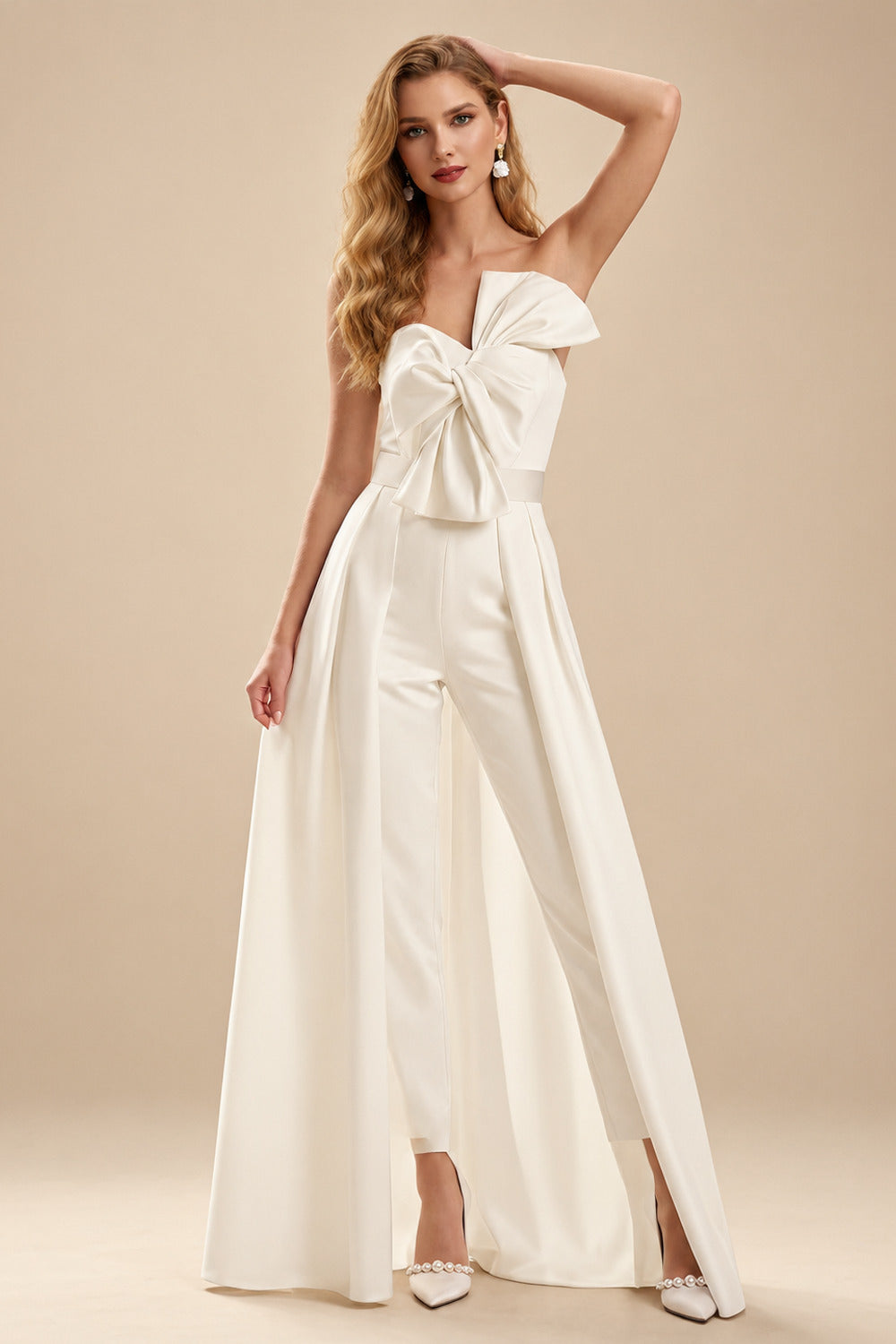 Rutipo Ivory Jumpsuit/Pantsuit Sweetheart Sleeveless Detachable Train Satin Bride Wedding Dress With Bow
