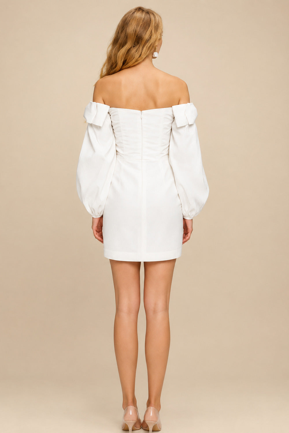 Rutipo Ivory Sheath/Column Off-The-Shoulder Long Sleeves Short/Mini Elastic Satin Bride Wedding Dress With Bow(s)