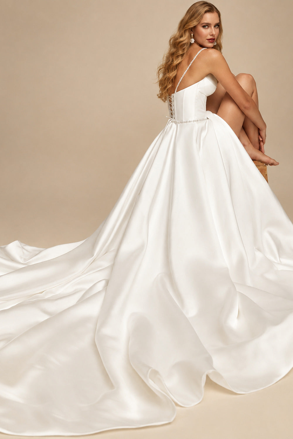 Rutipo Ivory A-Line Sweetheart Sleeveless Chapel Train Satin Bride Wedding Dress With Pockets
