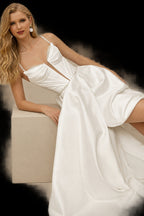 Rutipo Ivory A-Line Sweetheart Sleeveless Chapel Train Satin Bride Wedding Dress With Pockets