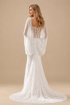 Rutipo Ivory Trumpet/Mermaid V-Neck Cape Sleeves Chapel Train Tulle/Glitter Lace Wedding Dresses With Lace