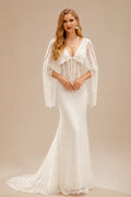Rutipo Ivory Trumpet/Mermaid V-Neck Cape Sleeves Chapel Train Tulle/Glitter Lace Wedding Dresses With Lace