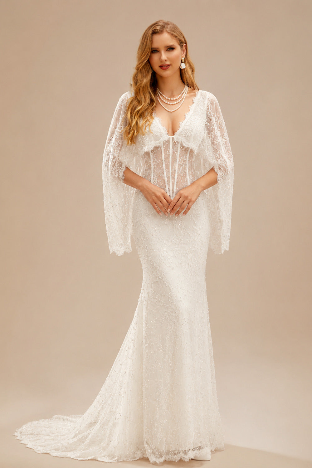 Rutipo Ivory Trumpet/Mermaid V-Neck Cape Sleeves Chapel Train Tulle/Glitter Lace Wedding Dresses With Lace