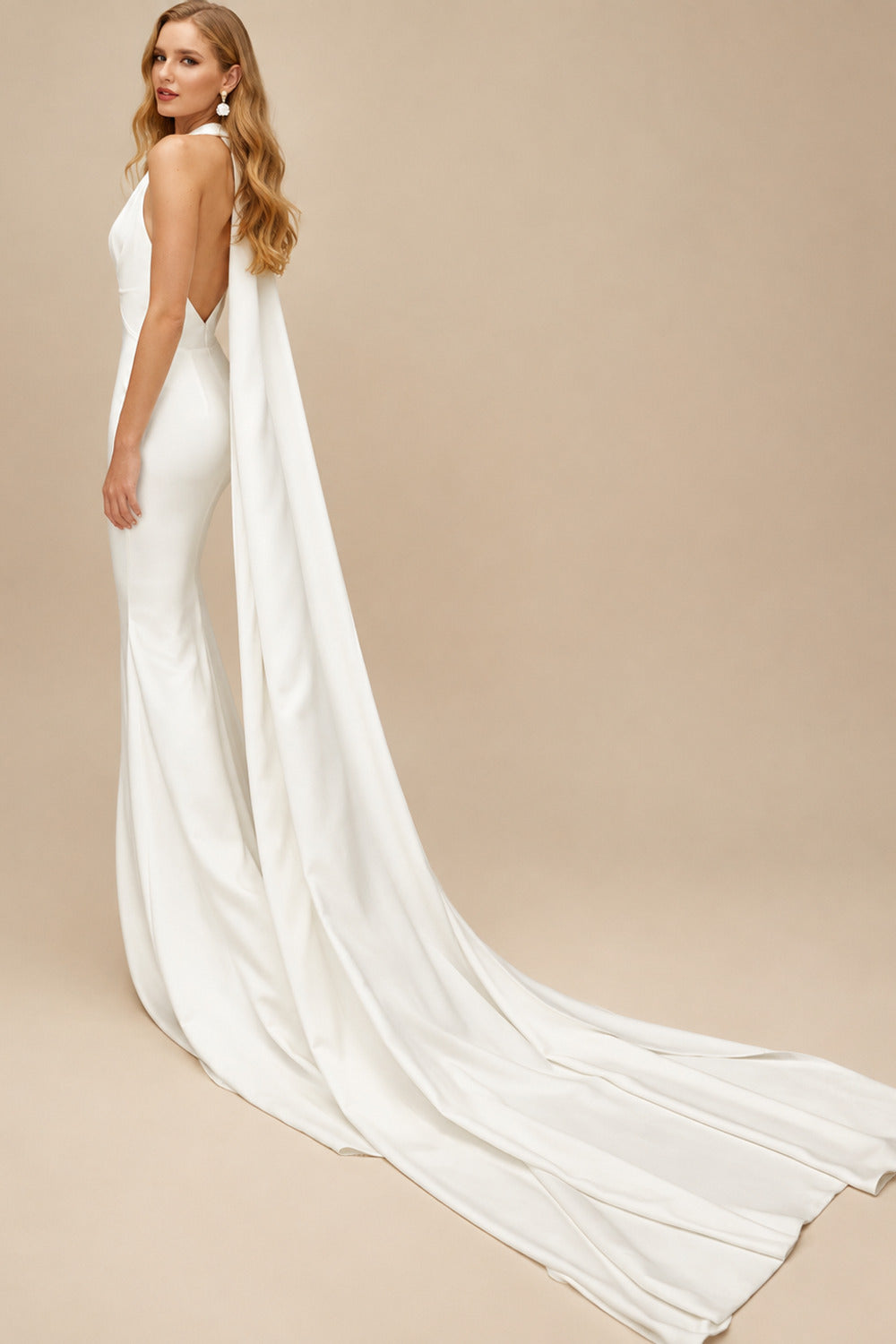 Rutipo Ivory Trumpet/Mermaid Halter/Plunge Neck Sleeveless Detachable Trail Matte Satin Bride Wedding Dress