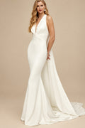 Rutipo Ivory Trumpet/Mermaid Halter/Plunge Neck Sleeveless Detachable Trail Matte Satin Bride Wedding Dress