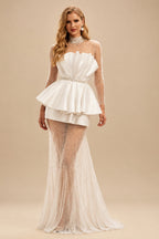 Rutipo Ivory A-Line High Neck Long Sleeves Court Train Satin Bride Wedding Dress With Beading