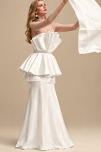 Rutipo Ivory A-Line High Neck Long Sleeves Court Train Satin Bride Wedding Dress With Beading