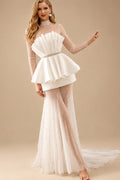 Rutipo Ivory A-Line High Neck Long Sleeves Court Train Satin Bride Wedding Dress With Beading