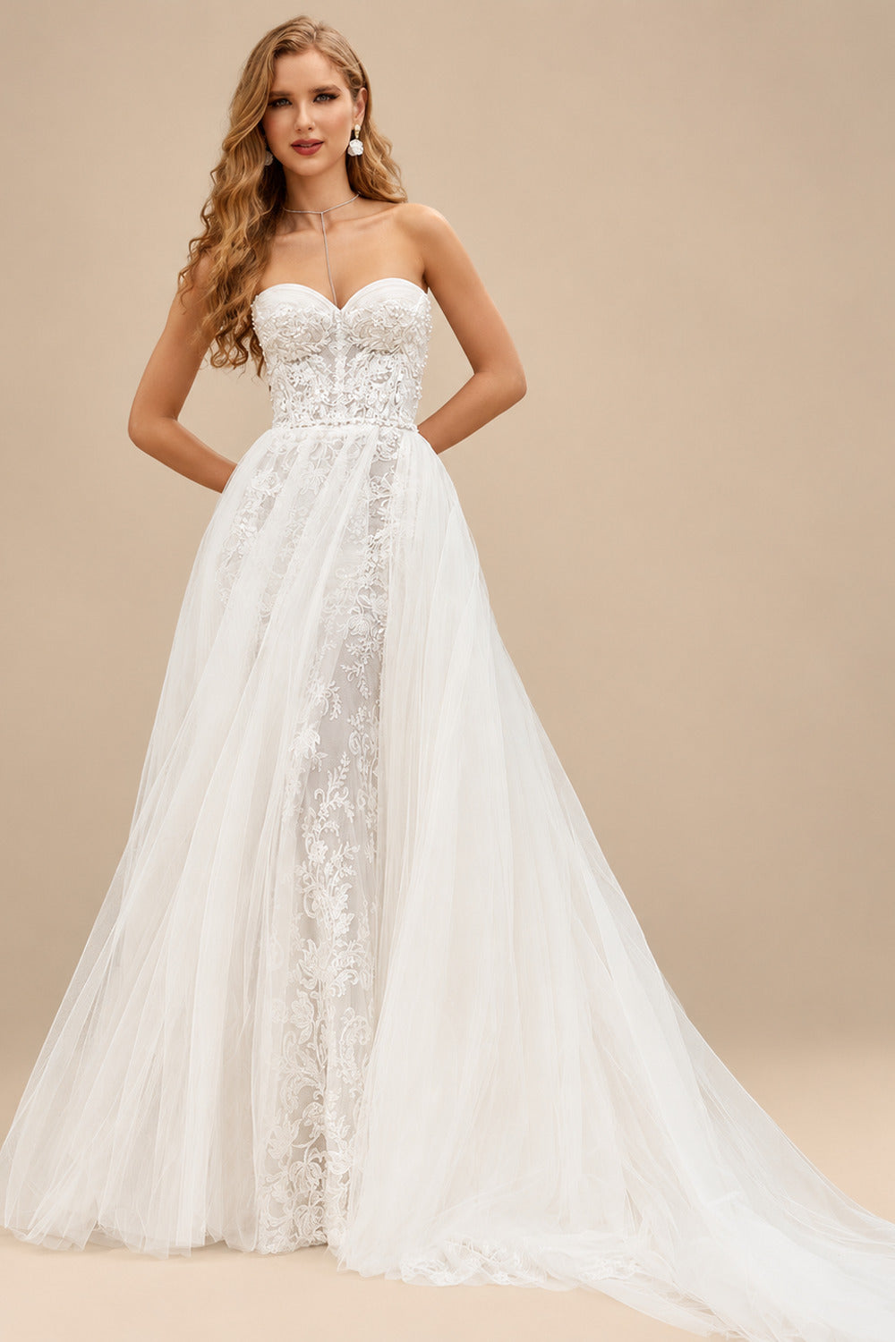 Rutipo Ivory A-Line Sweetheart Sleeveless Chapel Train Lace/Tulle Wedding Dress With Beading/Flower(s)