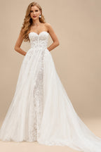 Rutipo Ivory A-Line Sweetheart Sleeveless Chapel Train Lace/Tulle Wedding Dress With Beading/Flower(s)