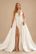 Rutipo Ivory Ball-Gown Plunge Neck Sleeveless Court Train Twill Satin Wedding Dresses With Overskirt Dress