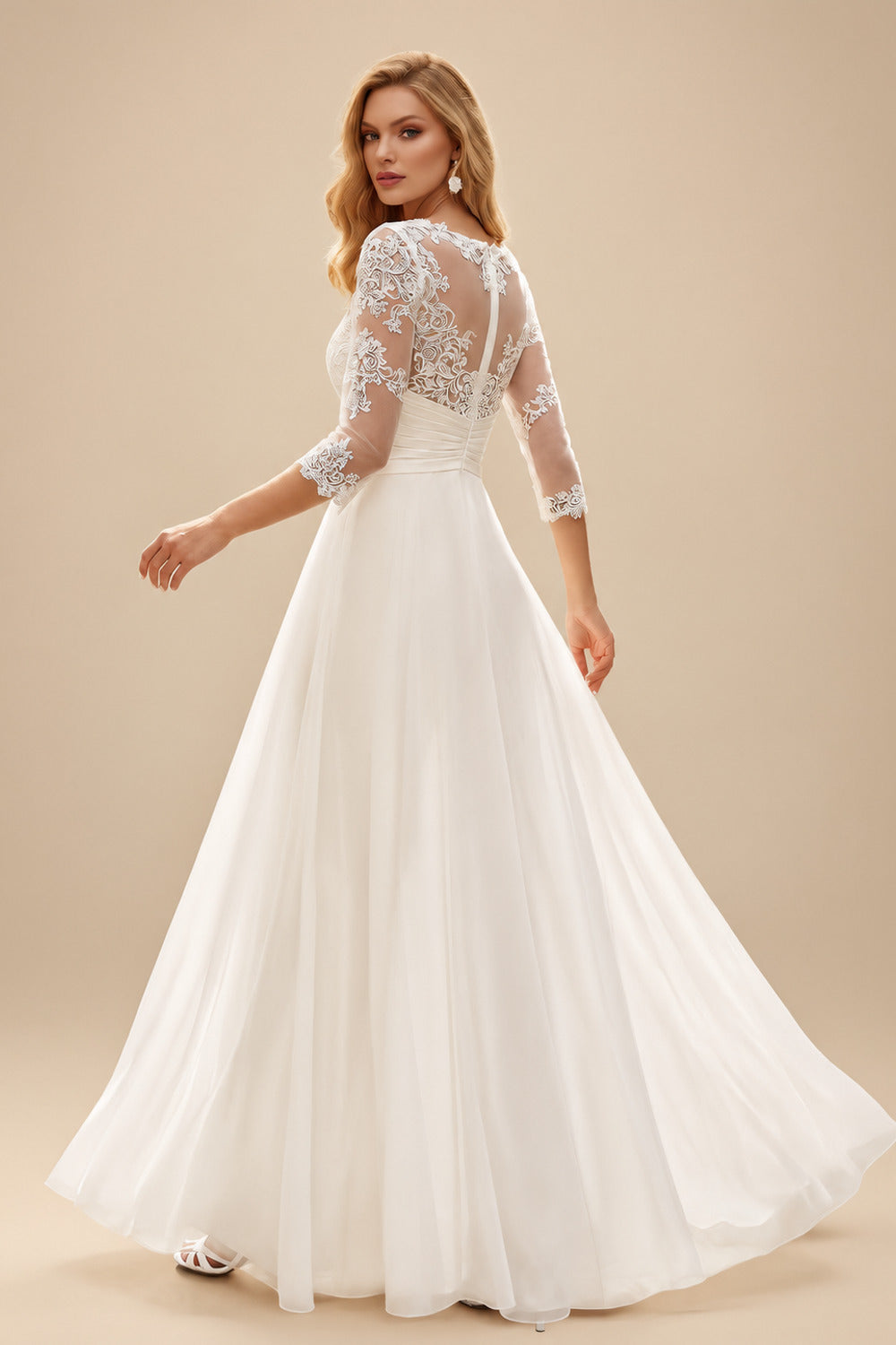 Rutipo Ivory Jumpsuit/Pantsuit Scoop Neck 3/4 Sleeves Floor-Length Chiffon/Lace Wedding Dresses With Lace/Overskirt Dress