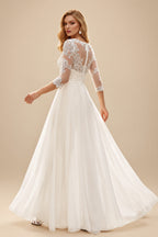 Rutipo Ivory Jumpsuit/Pantsuit Scoop Neck 3/4 Sleeves Floor-Length Chiffon/Lace Wedding Dresses With Lace/Overskirt Dress