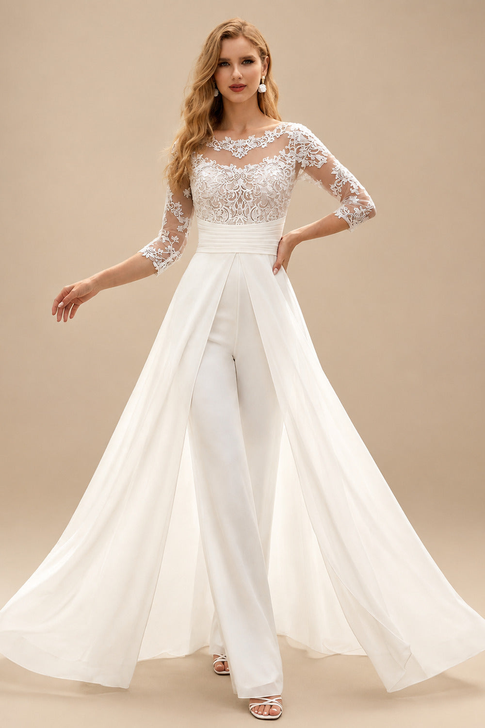Rutipo Ivory Jumpsuit/Pantsuit Scoop Neck 3/4 Sleeves Floor-Length Chiffon/Lace Wedding Dresses With Lace/Overskirt Dress