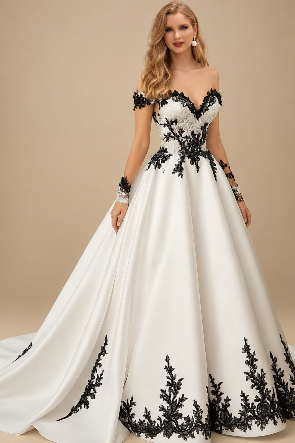 Rutipo As Picture Ball-Gown Off-The-Shoulder Sleeveless Chapel Train Satin Wedding Dresses With Appliques Lace