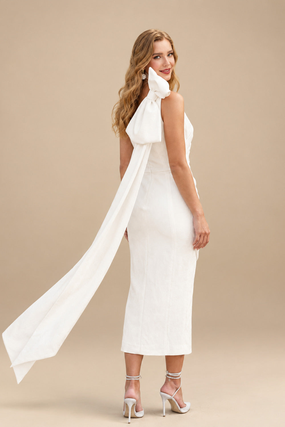 Rutipo Ivory Sheath/Column One-Shoulder Sleeveless Ankle-Length Elastic Satin Wedding Dress With Bow(s)/Pleated/Sweeping Side Drape
