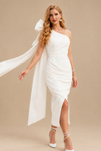 Rutipo Ivory Sheath/Column One-Shoulder Sleeveless Ankle-Length Elastic Satin Wedding Dress With Bow(s)/Pleated/Sweeping Side Drape