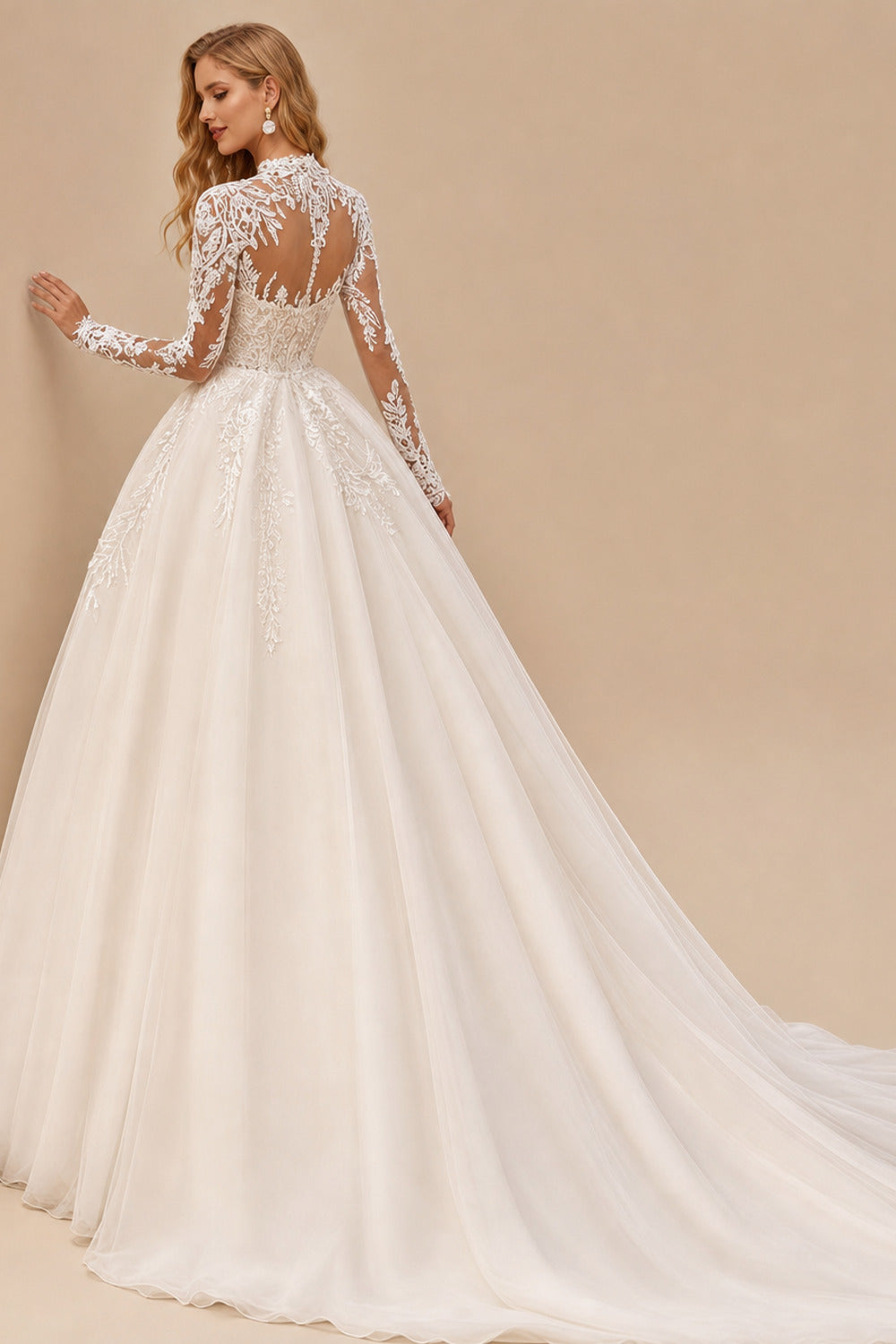 Rutipo Ivory Ball-Gown High Neck Long Sleeves Chapel Train Satin/Tulle/Organza Wedding Dres With Appliques Lace