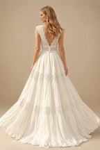 Rutipo Ivory Elegant A-Line V-Neck Sleeveless Floor-Length Chiffon/Lace Wedding Dresses With Lace
