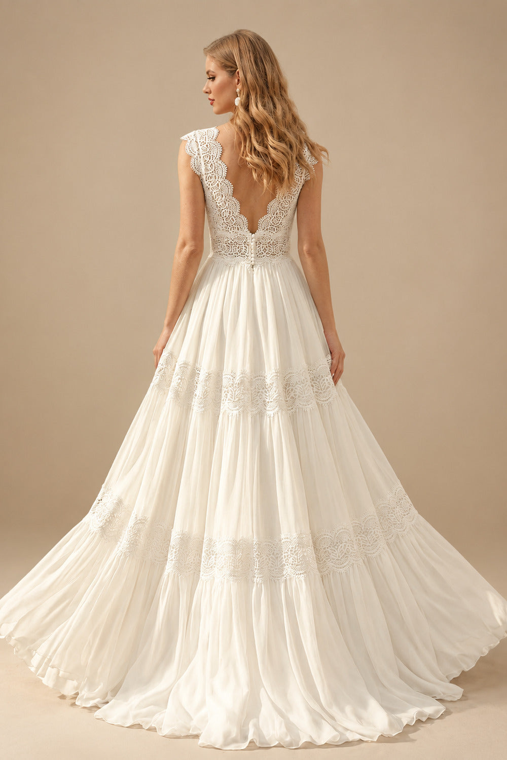 Rutipo Ivory Elegant A-Line V-Neck Sleeveless Floor-Length Chiffon/Lace Wedding Dresses With Lace