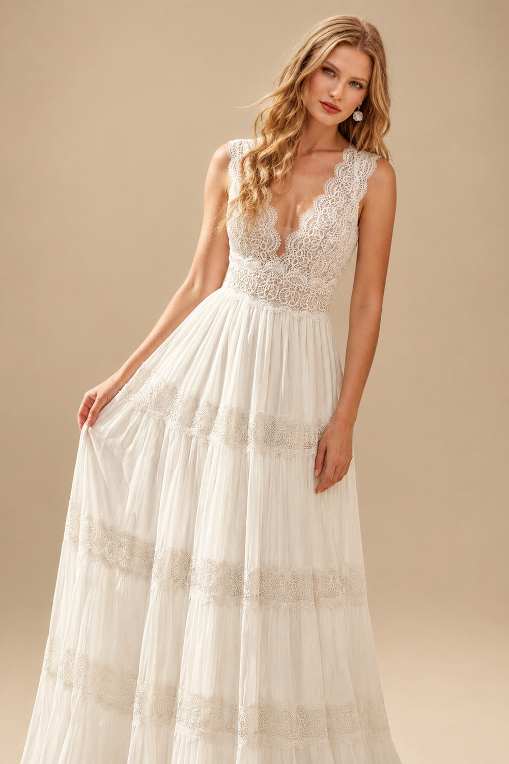 Rutipo Ivory Elegant A-Line V-Neck Sleeveless Floor-Length Chiffon/Lace Wedding Dresses With Lace