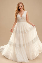 Rutipo Ivory Elegant A-Line V-Neck Sleeveless Floor-Length Chiffon/Lace Wedding Dresses With Lace