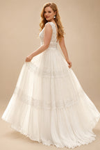 Rutipo Ivory Elegant A-Line V-Neck Sleeveless Floor-Length Chiffon/Lace Wedding Dresses With Lace