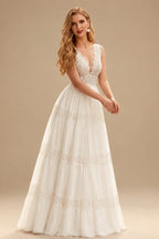 Rutipo Ivory Elegant A-Line V-Neck Sleeveless Floor-Length Chiffon/Lace Wedding Dresses With Lace