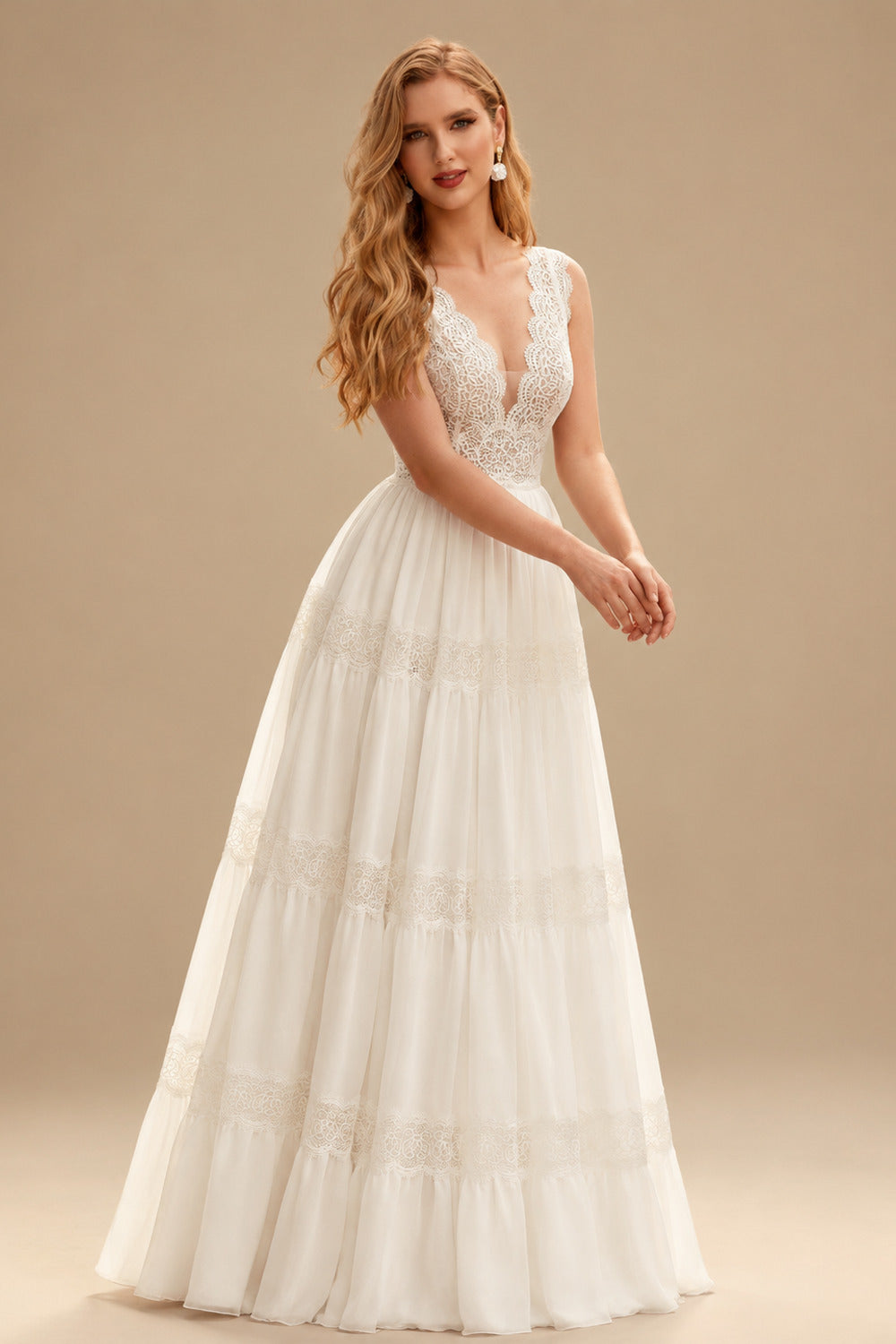 Rutipo Ivory Elegant A-Line V-Neck Sleeveless Floor-Length Chiffon/Lace Wedding Dresses With Lace