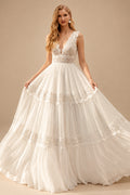 Rutipo Ivory Elegant A-Line V-Neck Sleeveless Floor-Length Chiffon/Lace Wedding Dresses With Lace