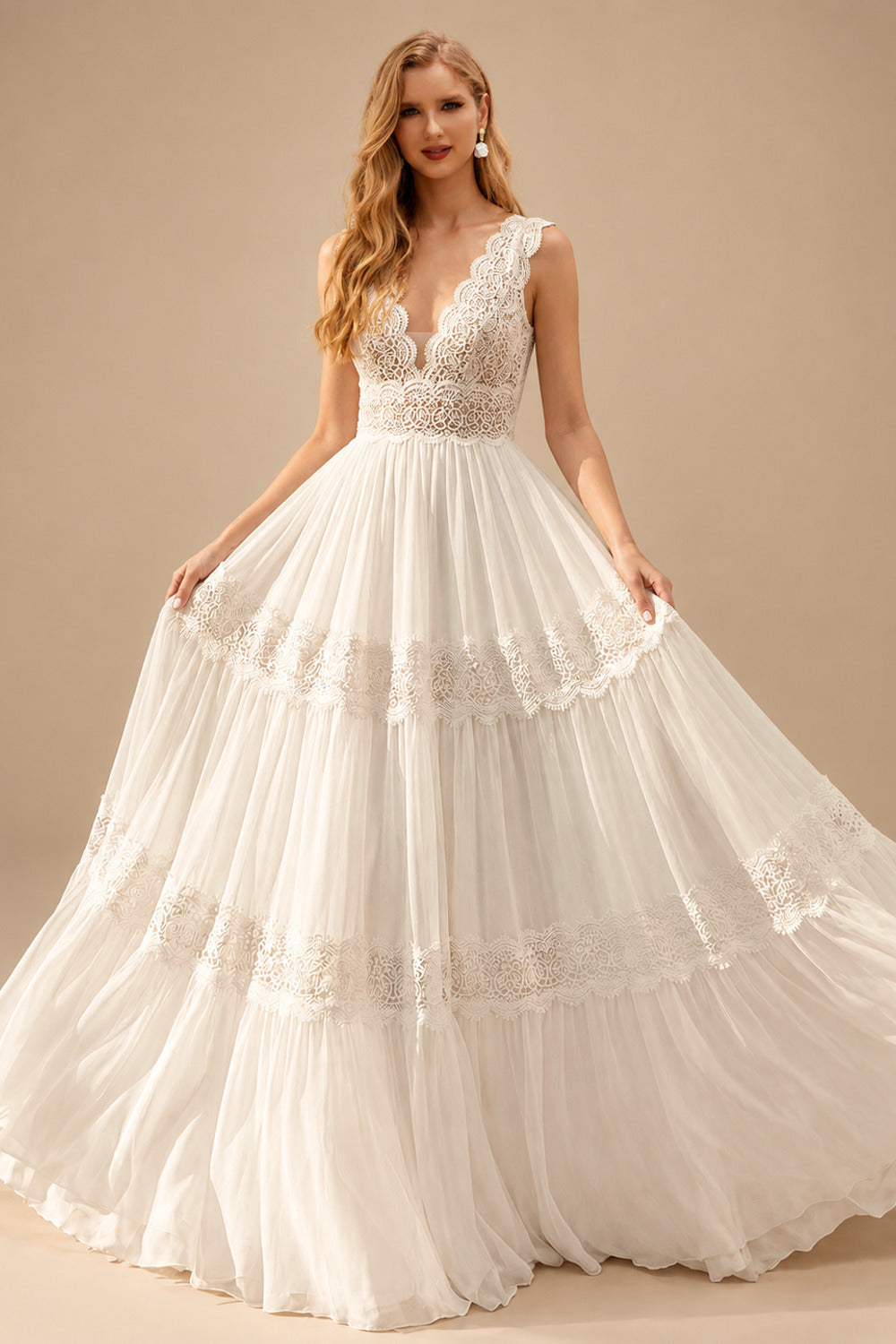 Rutipo Ivory Elegant A-Line V-Neck Sleeveless Floor-Length Chiffon/Lace Wedding Dresses With Lace