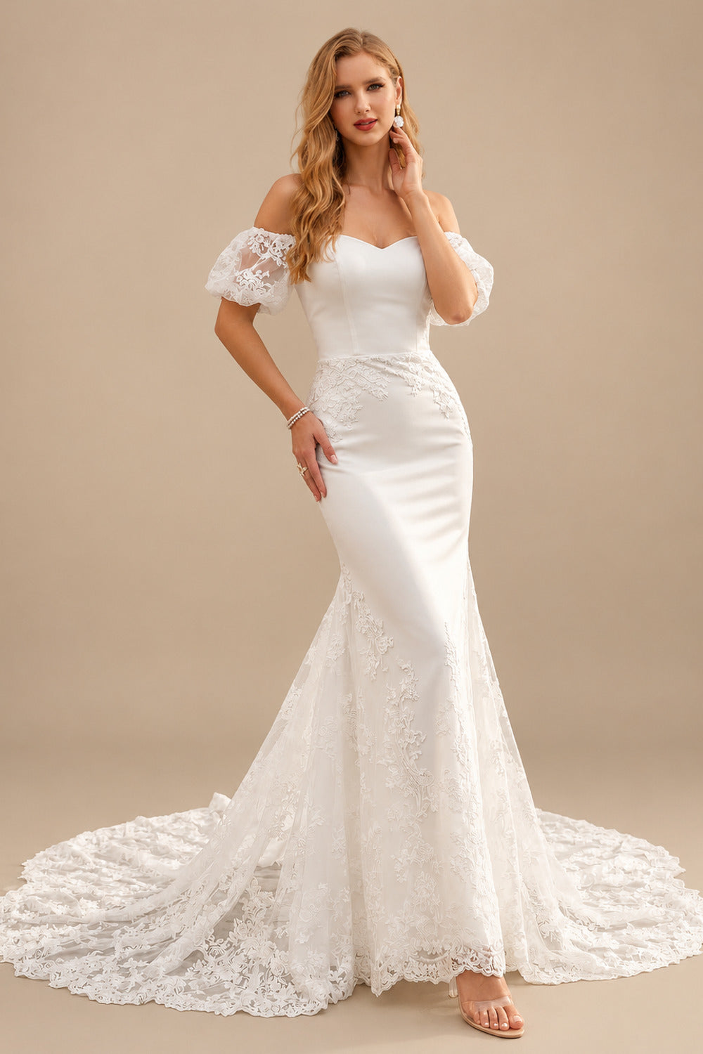 Rutipo Ivory Trumpet/Mermaid Off-The-Shoulder Sleeveless Court Train Lace/Elastic Satin Wedding Dresses With Lace