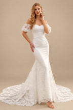 Rutipo Ivory Trumpet/Mermaid Off-The-Shoulder Sleeveless Court Train Lace/Elastic Satin Wedding Dresses With Lace