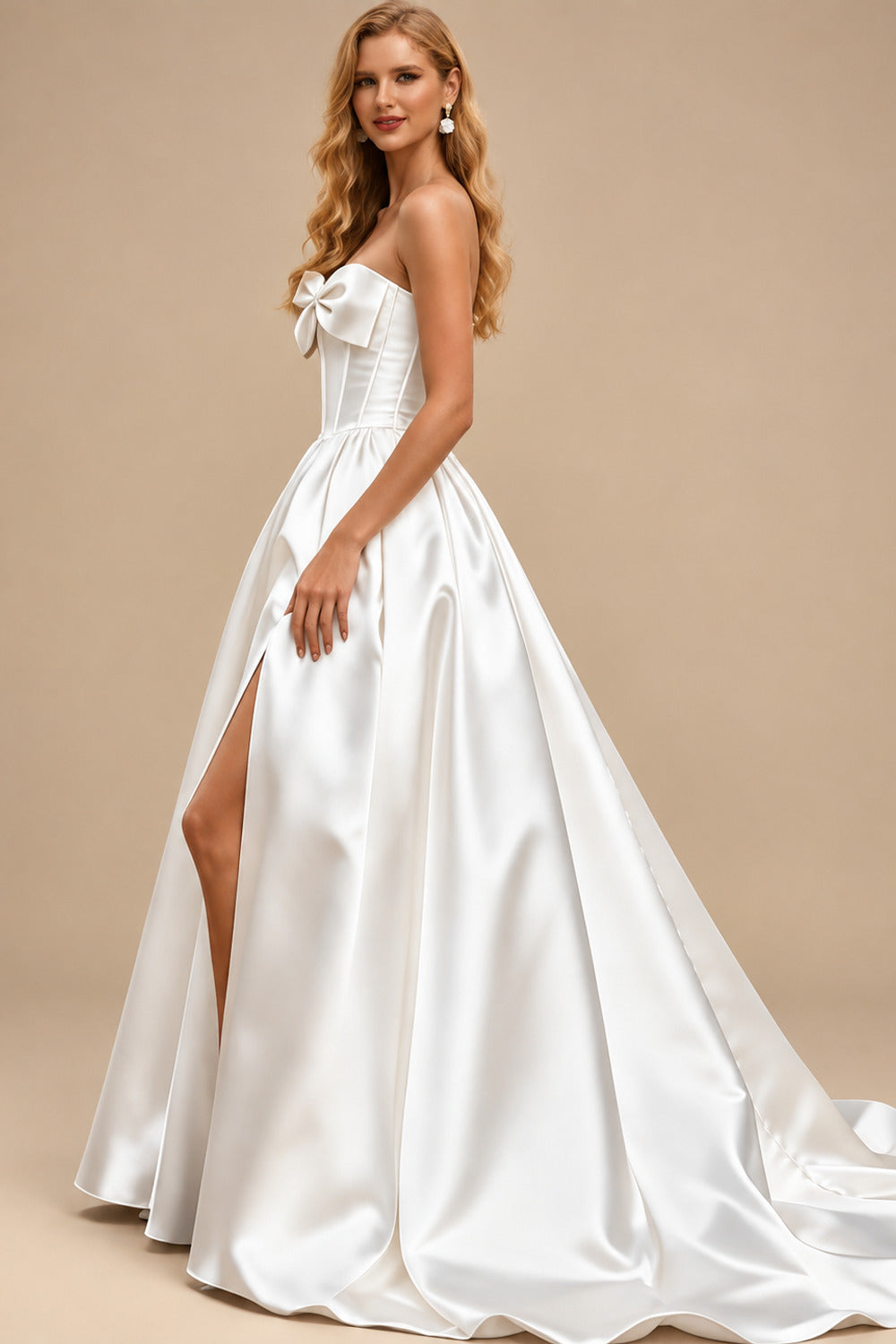 Rutipo As Picture Ball-Gown Strapless Sleeveless Court Train Twill Satin Wedding Dresses With Bow(s)/Beading/High Split