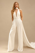 Rutipo Ivory Jumpsuit/Pantsuit Halter Sleeveless Court Train Crepe Satin Wedding Dress With Pockets