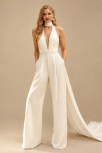 Rutipo Ivory Jumpsuit/Pantsuit Halter Sleeveless Court Train Crepe Satin Wedding Dress With Pockets