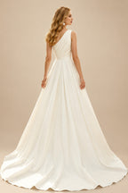 Rutipo Ivory Jumpsuit/Pantsuit One-Shoulder Sleeveless Detachable Crepe Satin Wedding Dress With Pleated