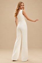 Rutipo Ivory Jumpsuit/Pantsuit One-Shoulder Sleeveless Detachable Crepe Satin Wedding Dress With Pleated