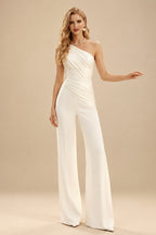 Rutipo Ivory Jumpsuit/Pantsuit One-Shoulder Sleeveless Detachable Crepe Satin Wedding Dress With Pleated