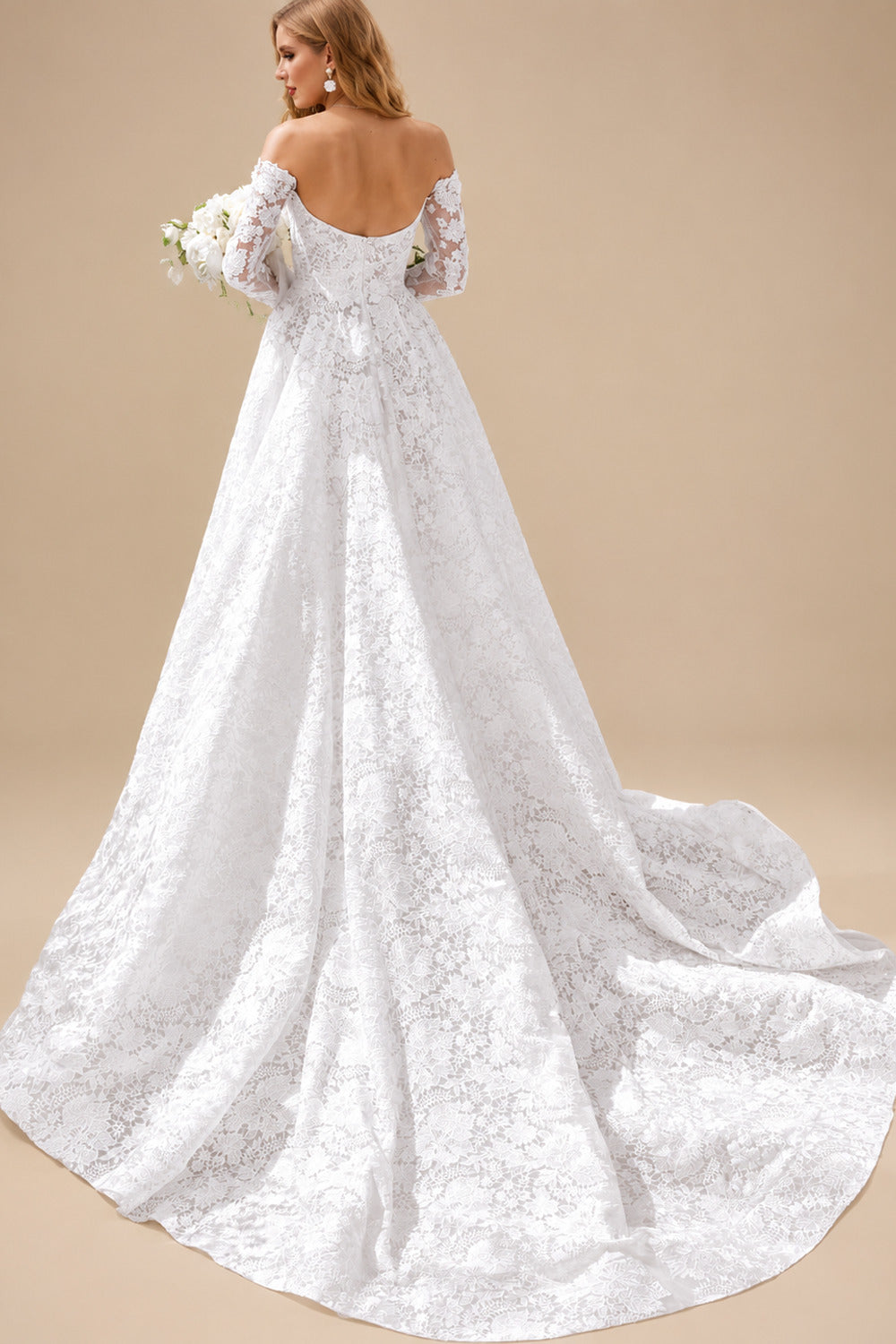 Rutipo White A-Line Off-The-Shoulder Long Sleeves Cathedral Lace Wedding Dress With Appliques Lace