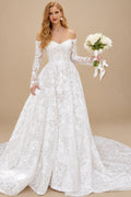 Rutipo White A-Line Off-The-Shoulder Long Sleeves Cathedral Lace Wedding Dress With Appliques Lace